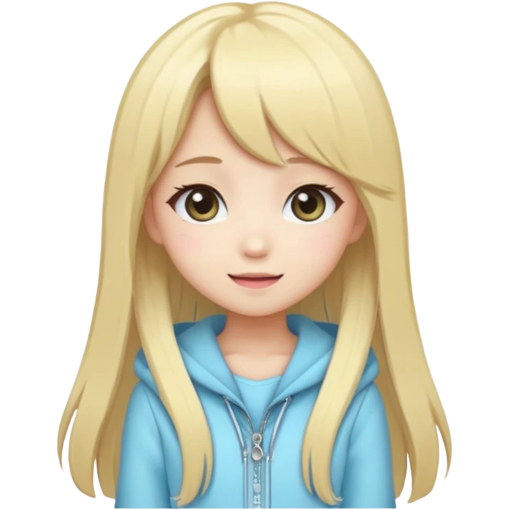 Cute kawaii emoji-style Japanese K-pop girl, blonde long hair , trendy K-pop outfit with Japanese cute fashion vibes, big sparkling eyes, chibi proportions, clean lineart, pastel colors, cheerful idol smile, sticker/emoji style, transparent background emoji