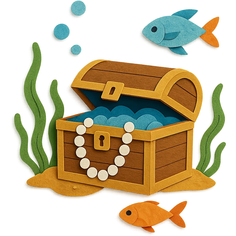 treasure chest underwater with pearls, seaweed, and fish, layered paper effect, paper-craft style emoji