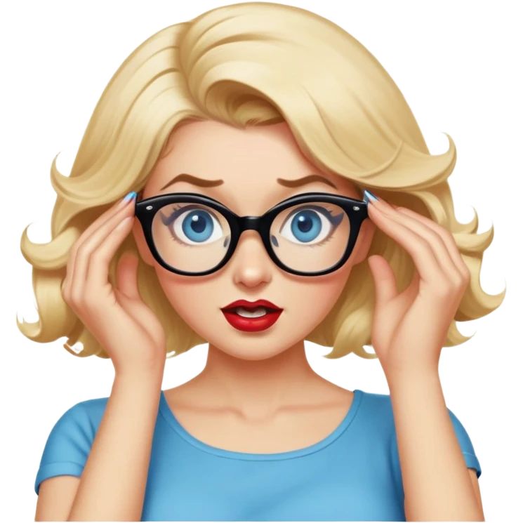 Blonde hair, blue eyed, wearing glasses 50's style pinup looking crazy, pulling at her hair with her hands emoji