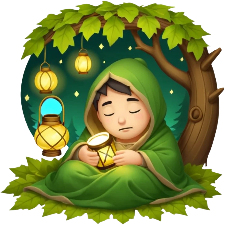 sleepy forest character wrapped in leaf blanket holding glowing lantern half asleep emoji