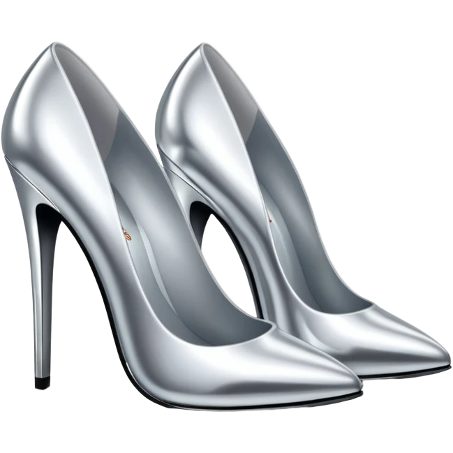 A pair of high heel shoes emoji made of polished silver chrome, elegant sharp silhouette, smooth metallic surface, glossy reflections, luxury sexy vibe, minimalistic iOS emoji style, centered, clean white background emoji