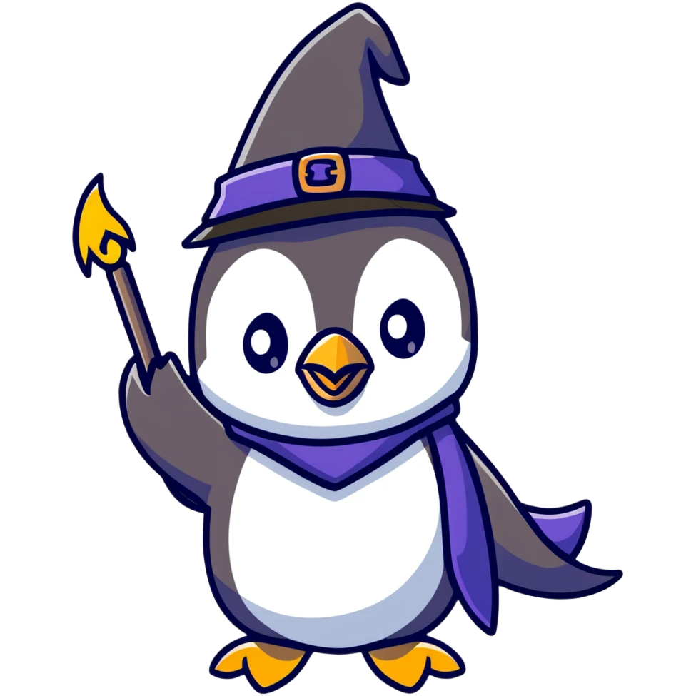 penguin with wizard hat casting a spell emoji