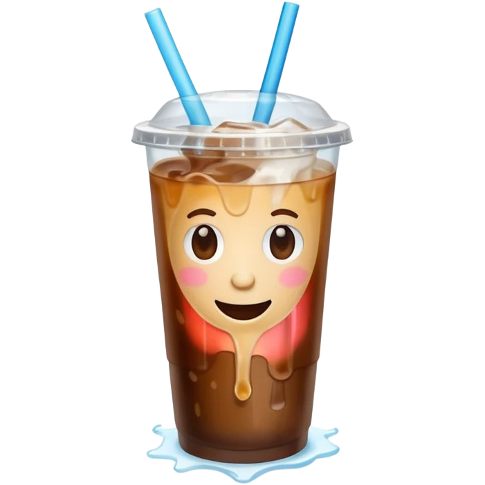A 3D cartoon plastic cup of iced coffee with straw, clear lid, ice cubes floating, realistic condensation, bright sunlight, Memoji-style. emoji