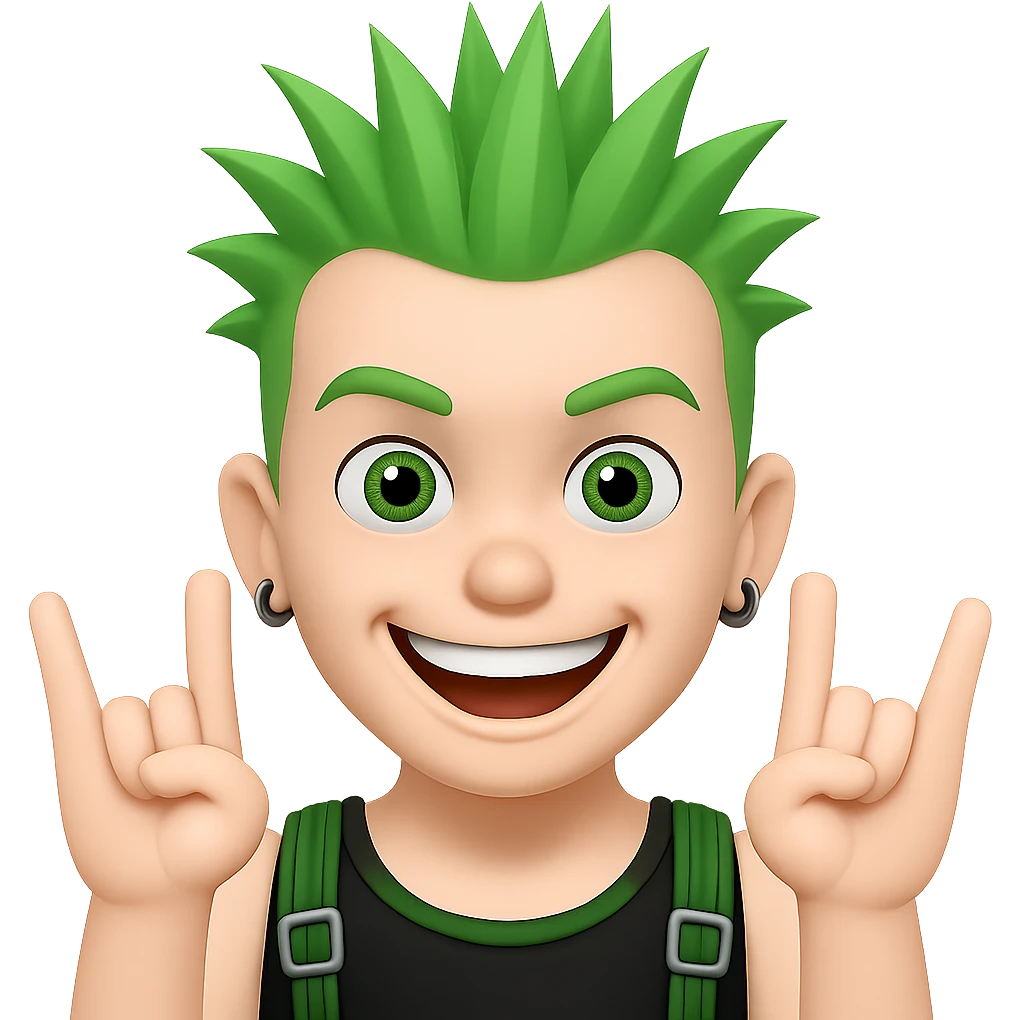 smiling punk guy with green irochese showing horns (emoji style) emoji