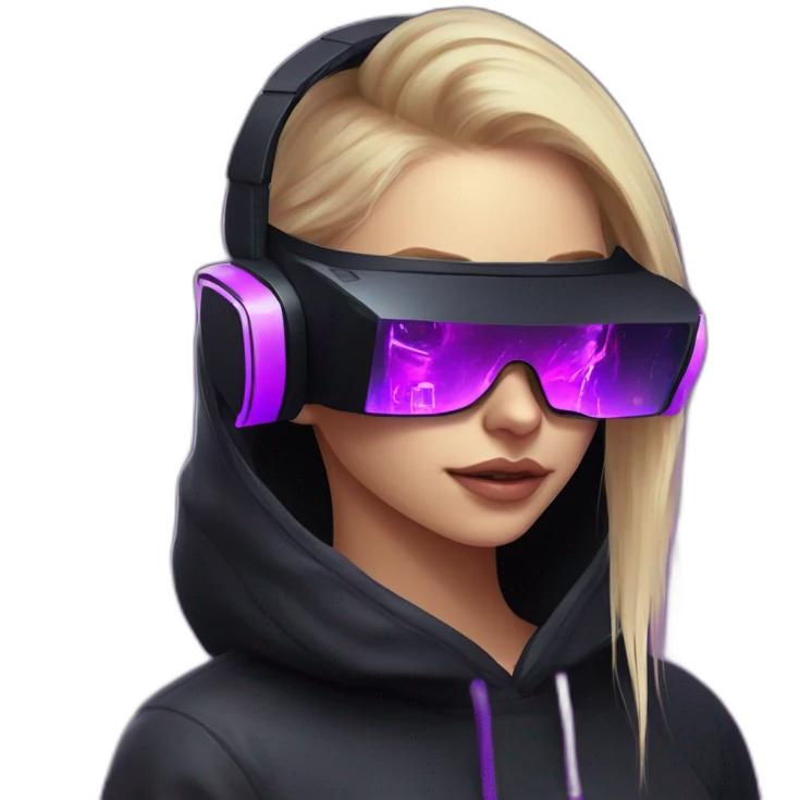 Russian girl wearing black hoody with violet letters "OMG", in vr headset. Cyberpunk style. Violet neon. emoji