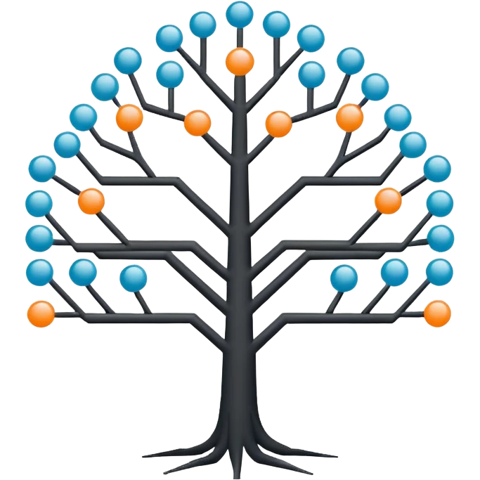 Minimalistic flat vector icon, iOS style, thin black contour on white background. Binary tree diagram with connected nodes. Clean, no text, no shadows emoji
