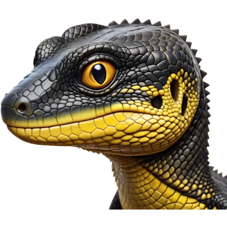 cinematic-realistic-cute-monitor-lizard-portrait-emoji,-head-tilted-playfully-and-inquisitively,-featuring-a-compact,-agile-body-with-finely-detailed,-glossy-scales-in-earthy-black and yellow-hues-and-a-distinct,-alert-face-with-bright,-curious-eyes, black , yellow spotted and green band  scales and a big long neck emoji