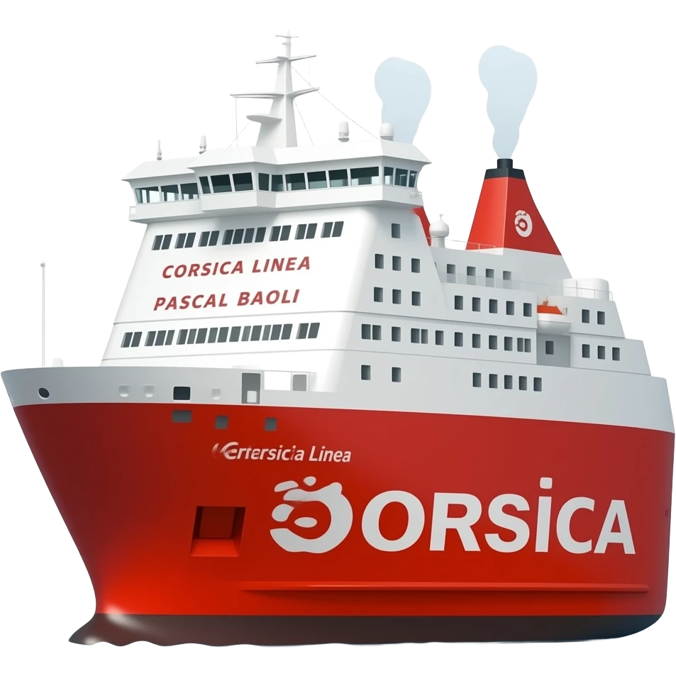 Ferry Corsica linea pascal Paoli rouge et blanc avec un logo Corsica linea et le bateau a deux cheminée emoji