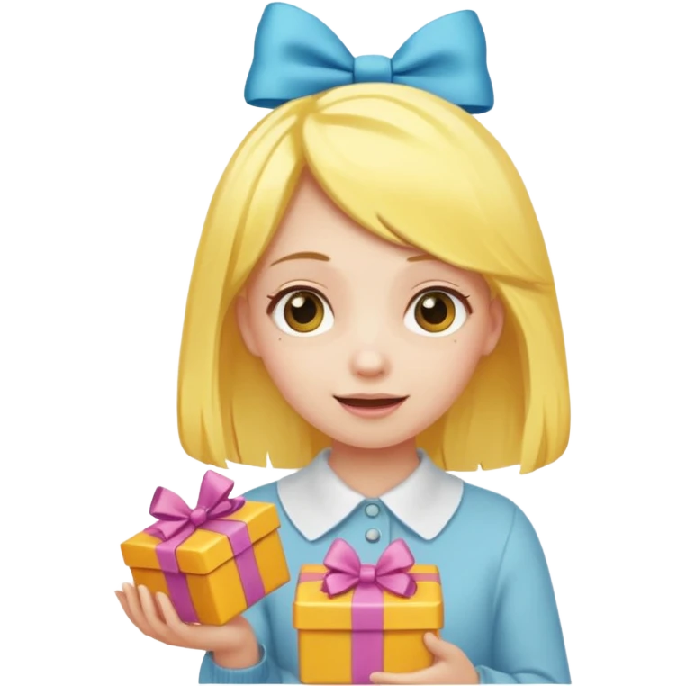 🥳🎀  sarı saçlı kız p saçının üstünde toka var tokat atmış iyi ki doğdun teyzeciğim diyor hem hediye var elimde çok kafasına tokat atmış emoji