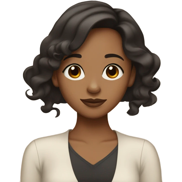 Brown girl with black wavy straight hair, button nose, medium big black eyes, tan skin tone and medium heart lips emoji