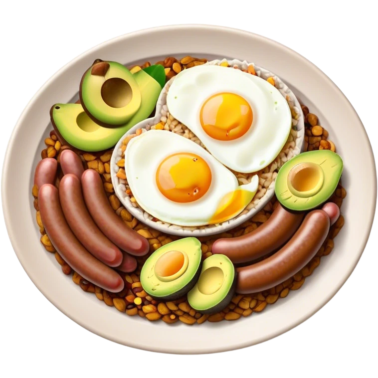 Bandeja Paisa Cinematic Realistic Bandeja Paisa Dish Emoji, depicted as a hearty platter featuring rice, beans, avocado slices, one sausage, a perfectly cooked egg, and crispy pork crackle, rendered with vivid textures and robust, inviting lighting. emoji