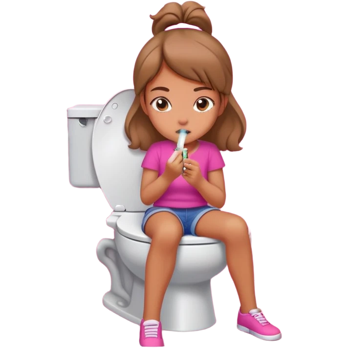 girl vaping while sitting on a toilet in a pink bathroom stall  emoji