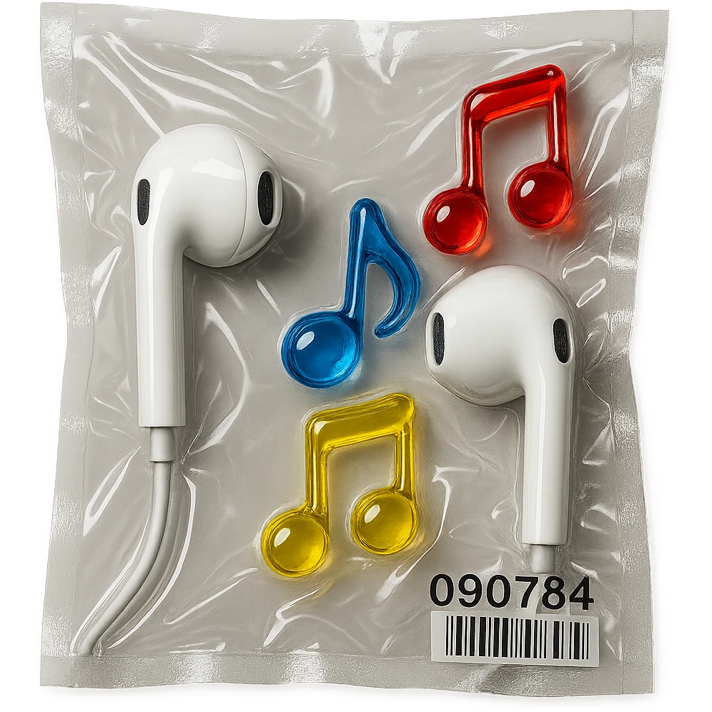 pair of white EarPods with three floating transparent glass music notes in primary colors, glossy and inflated, vacuum-sealed style emoji