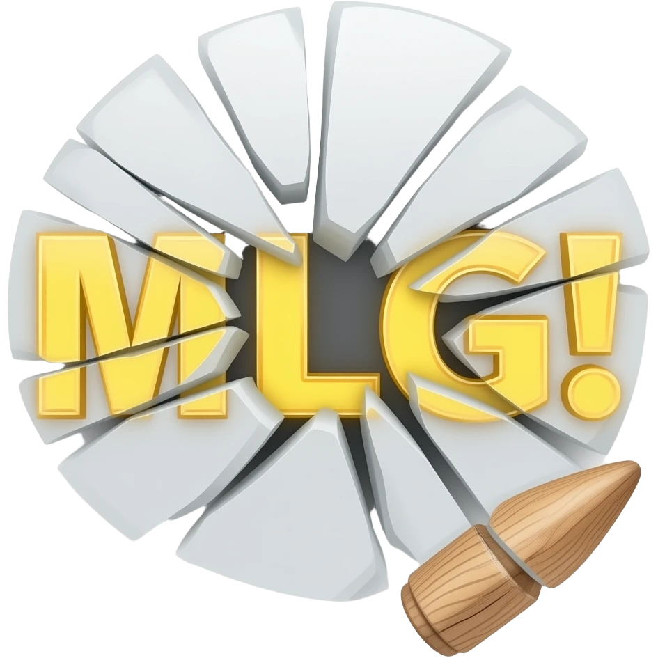 Надпись MLG! жёлтого цвета и рассыпалась на мелкие осколки от выстрела пули emoji