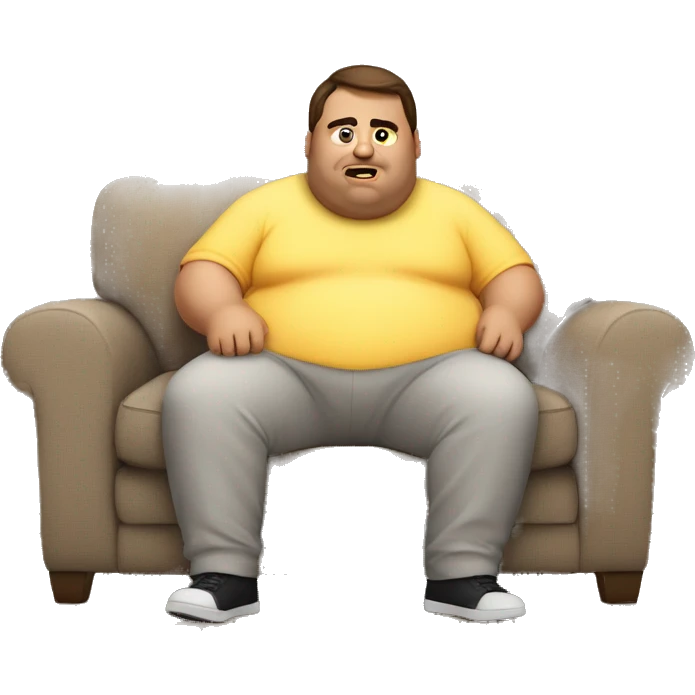 fat man coding on couch with brown hair and make emoji bigger emoji