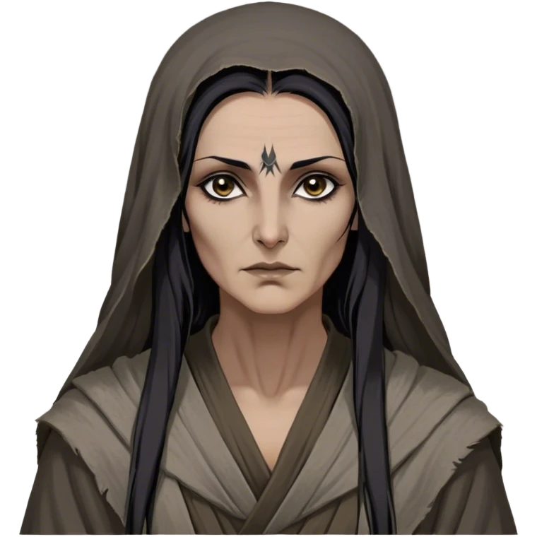 Mirri Maz Duur is a weathered, age 55 Lhazareen woman with deep-set dark eyes, high cheekbones, and a sharp nose, giving her a stern, knowing expression. Her long, unkempt dark hair streaked with gray falls loosely over her shoulders, and her earth-toned, tattered robes mark her as a humble healer. Despite her frail appearance, she exudes an aura of mystery and menace, her hands stained with herbs and blood from both healing and dark sorcery. emoji