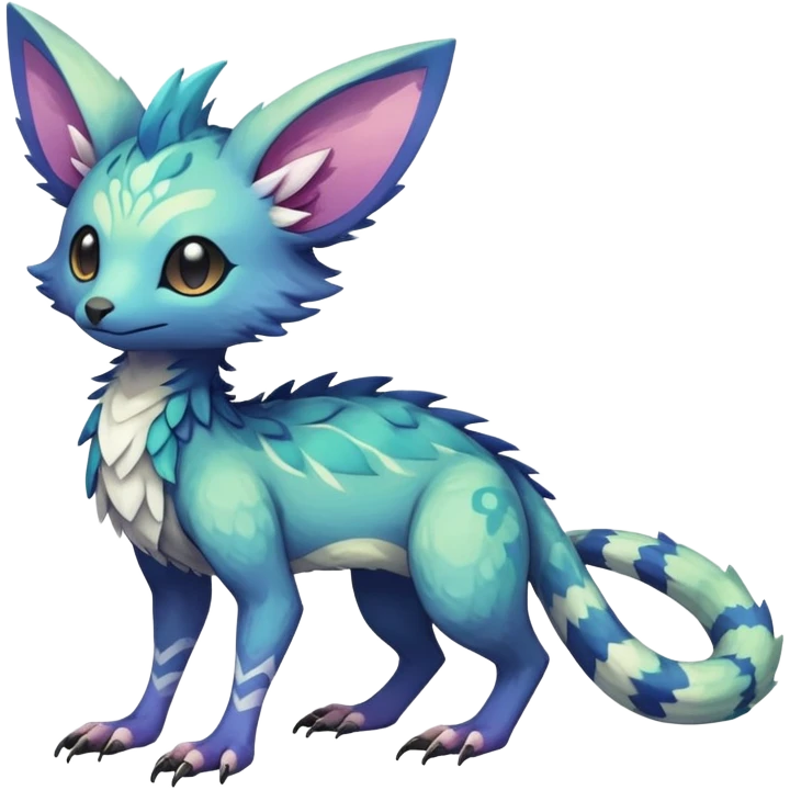 Rare realistic exotic pastel cute epic pretty beautiful handsome gorgeous aesthetic colorful vibrant Vernid-Trico-species-Fakemon-creature by LiLaiRa, 4 legs, 1 tail, random markings, (full body) emoji