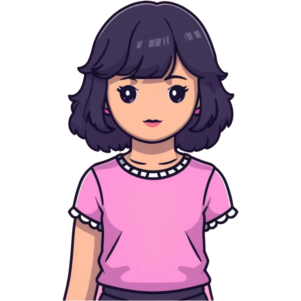 White girl with chest length black wavy hair with curtain bangs, gray eyes, wearing a pink top emoji