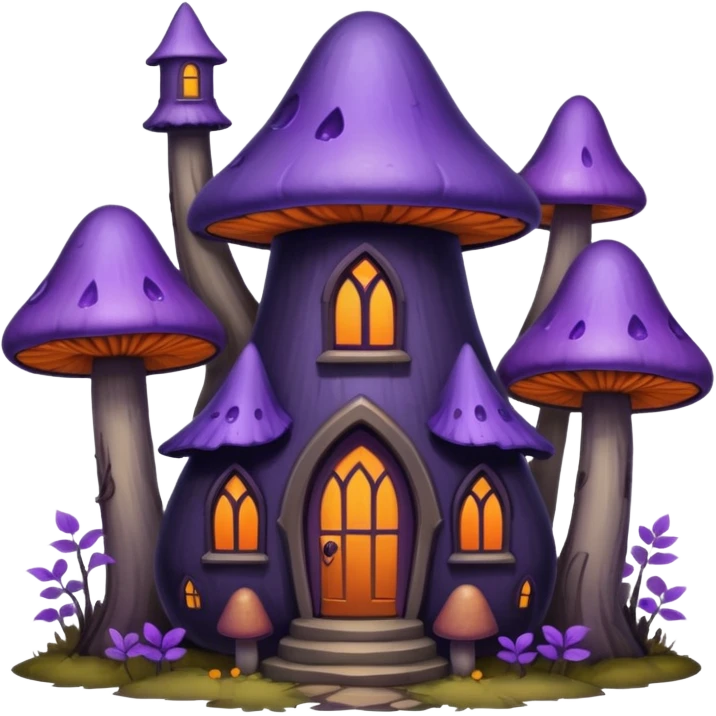A whimsical mysterious gothic style, purples, dark hues, warm orange, beautiful mushroom house within tall skinny lush & bare trees emoji