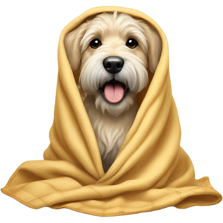 Wheaten dog wrapped in a blanket with its tongue sticking out emoji