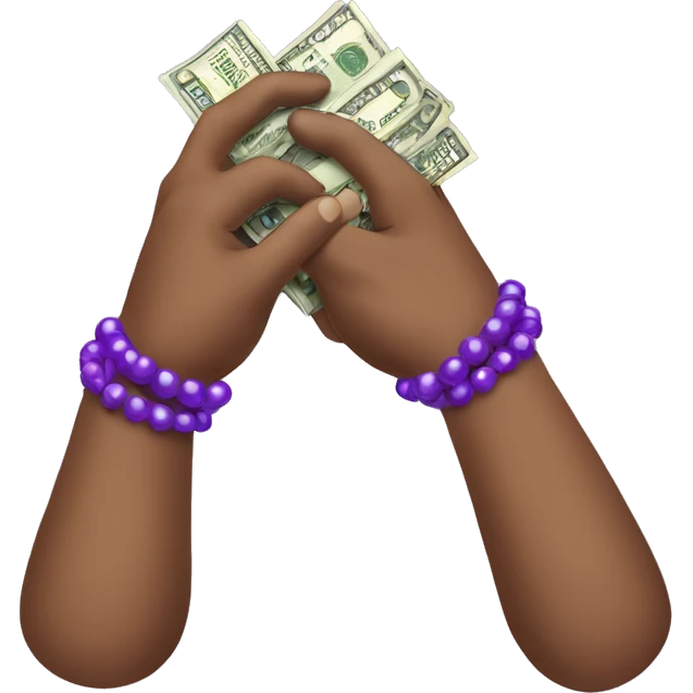 hand with purple bead bracelet holding money emoji