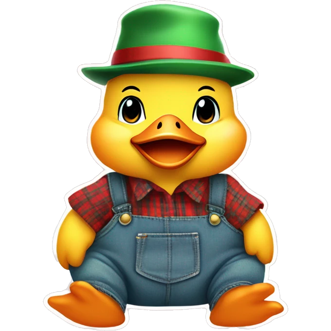 sitting cute fluffy chubby baby duck with hand and wear green hat and red checkered shirt and jeans jumpsuit emoji