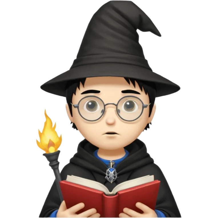 ["A sad boy with light skin, straight hair, wearing a wizard hat and round glasses, dressed in punk fashion, is reading a book while holding a phone."] emoji
