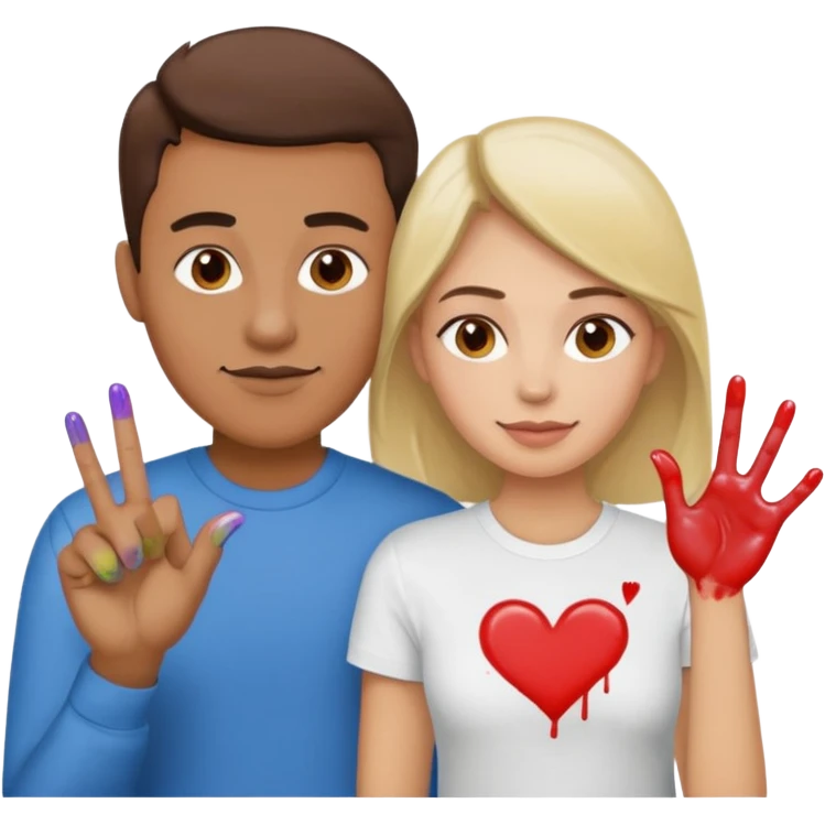 a couple the man has a shirt that says i love to finger paint and the womans shirt says am paint emoji