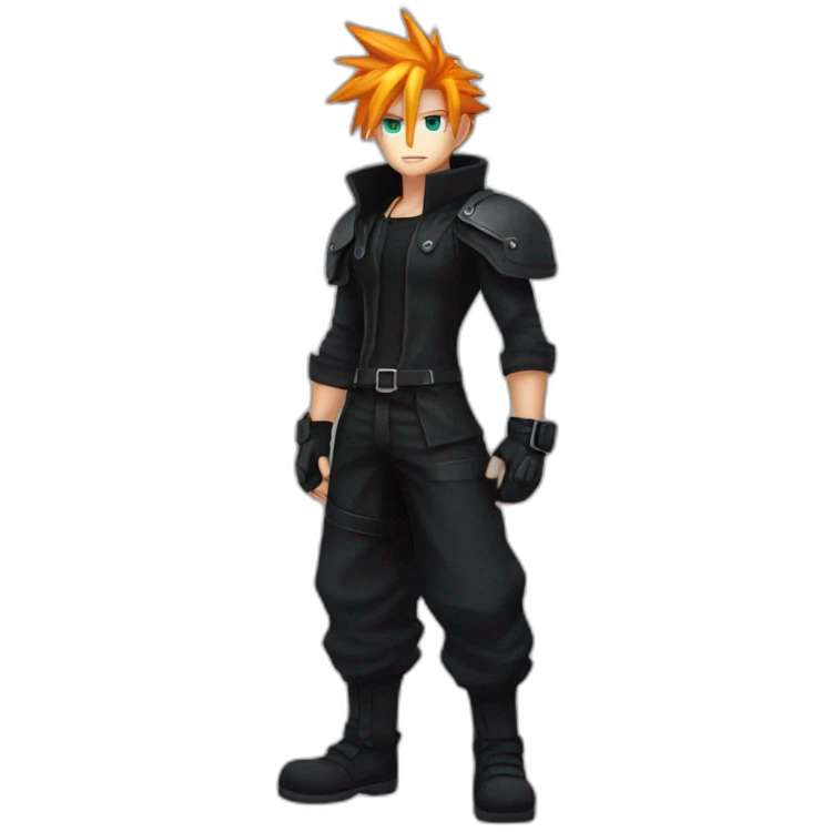 cloud strife with orange hair. Black clothes full body  emoji