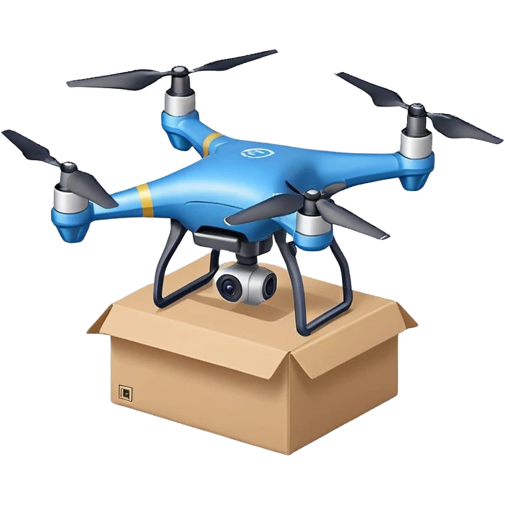 Delivery drone sticker, and blue texture on the body quadcopter carrying small package box, friendly design, simple flat vector style, soft shadow, white outline, transparent background emoji