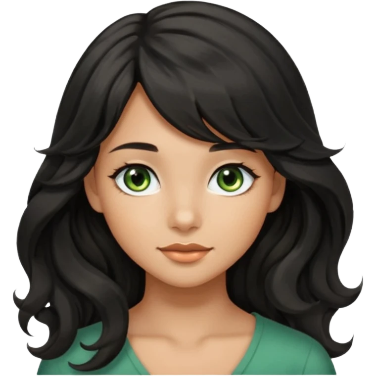beautiful girl with black wavy long hair and side-swept bangs, tan skin, and greenish-hazel eyes emoji