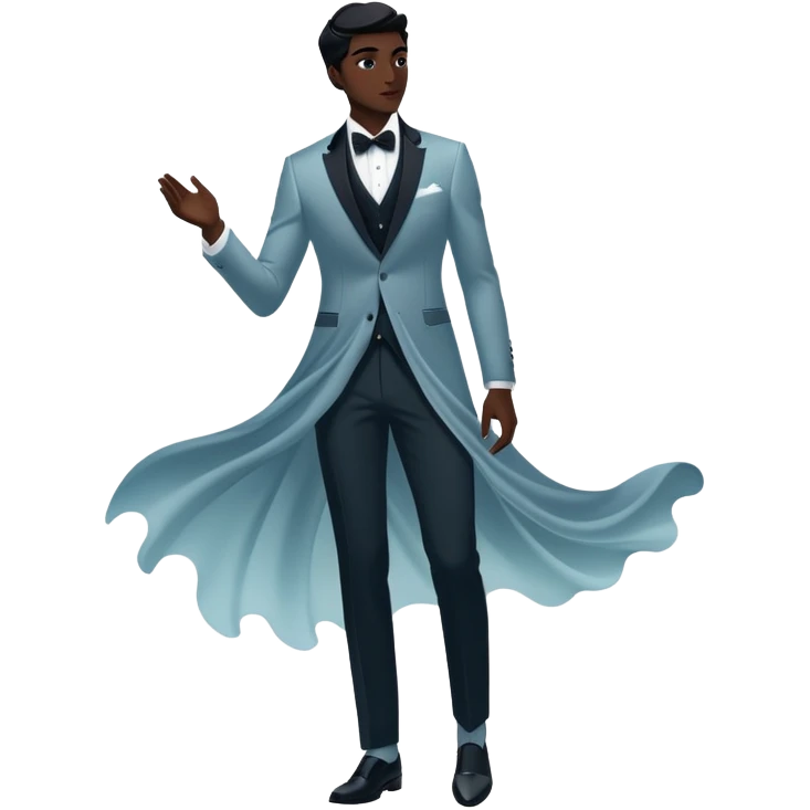 Ethereal male fashion silhouette with formal wear and subtle energy waves, floating style essence, masculine inspiration emoji