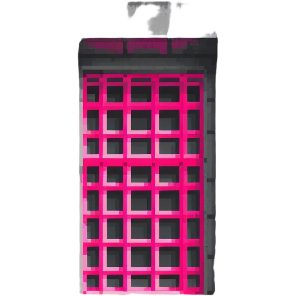 Brutalist gray concrete block building with one neon pink window emoji
