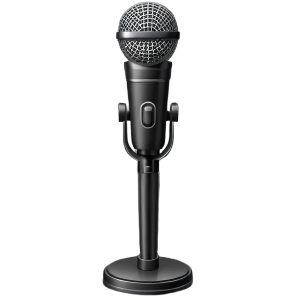 Minimalistic flat vector icon, iOS style, thin black contour on white background. Microphone on a stand with small spotlight rays. Clean, no text, no shadows emoji