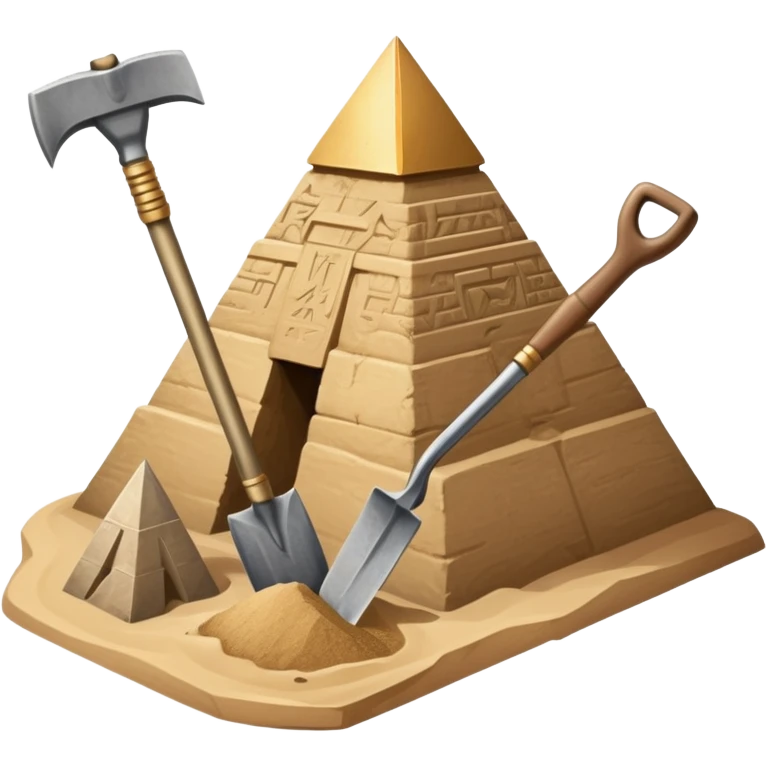 An icon showing archaeological tools like a trowel, brush, and pickaxe placed on sandy ground, with an Egyptian pyramid in the background. The design symbolizes excavation and discovery of ancient history, blending tools and iconic landmarks. Transparent background. emoji
