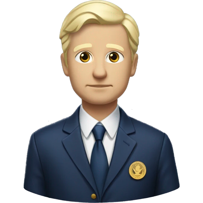 President Petr Pavel has fair skin, short light blonde hair with some gray, and a serious expression. He wears a dark blue suit jacket with a gold emblem, a white shirt, and a dark blue tie. emoji