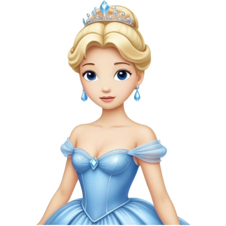 Cinematic Realistic Cinderella Portrait, showcasing her regal elegance in a full ball gown rendered with exquisite detail. Her fair, luminous skin and lustrous blonde hair are highlighted by subtle, shimmering accents and gentle natural light, evoking a magical, transformative aura. emoji
