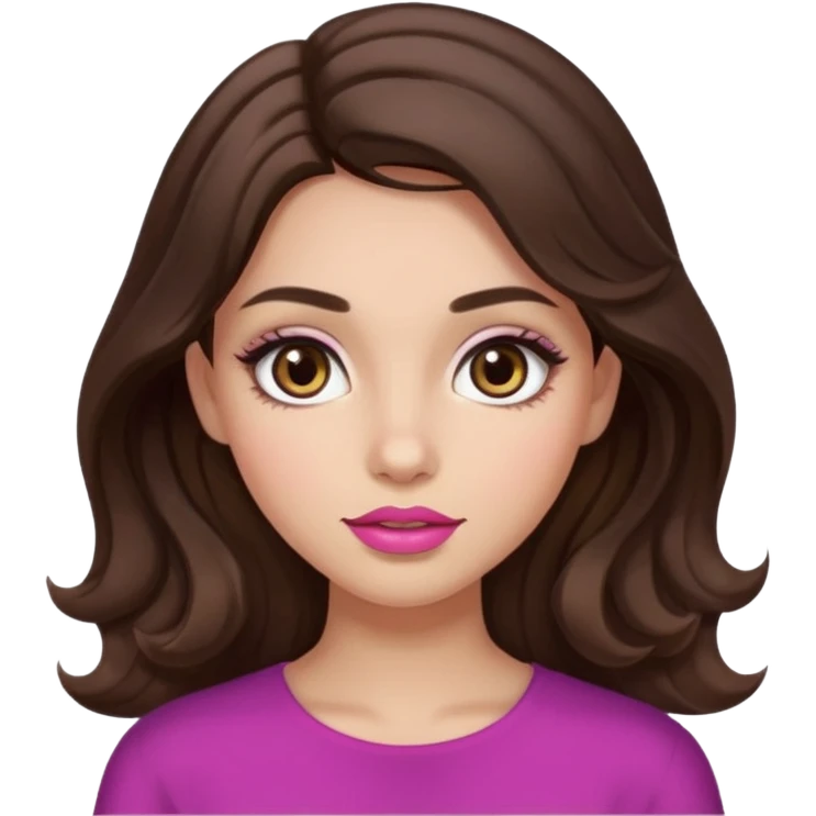 girl with wavy long dark brown hair, brown eyes, light to medium complexion, long lashes, almond shaped eyes, link lipstick emoji