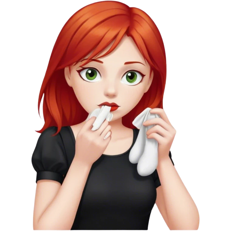 a woman with red hair and red eyes sniffing a white sock. The woman wear a black  dress emoji