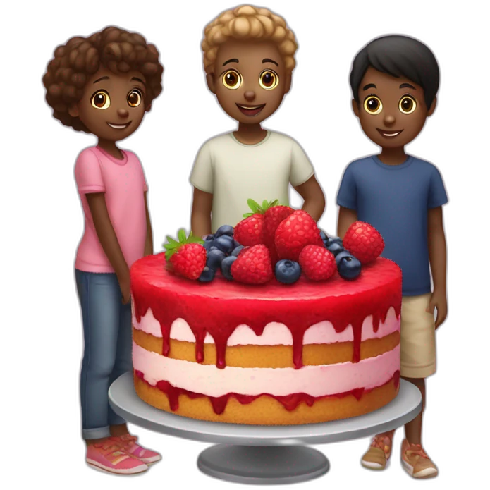 Three black children who eat a trawberry, raspberry and blueberry cake emoji
