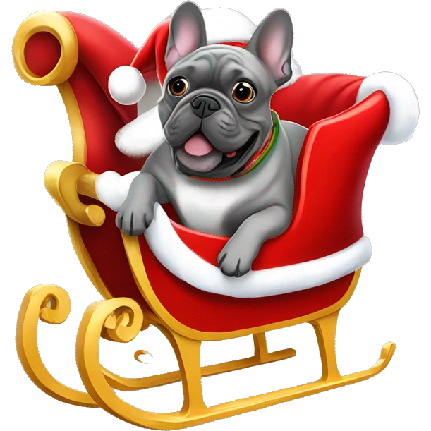 Grey French bulldog sitting in Santa’s sleigh emoji