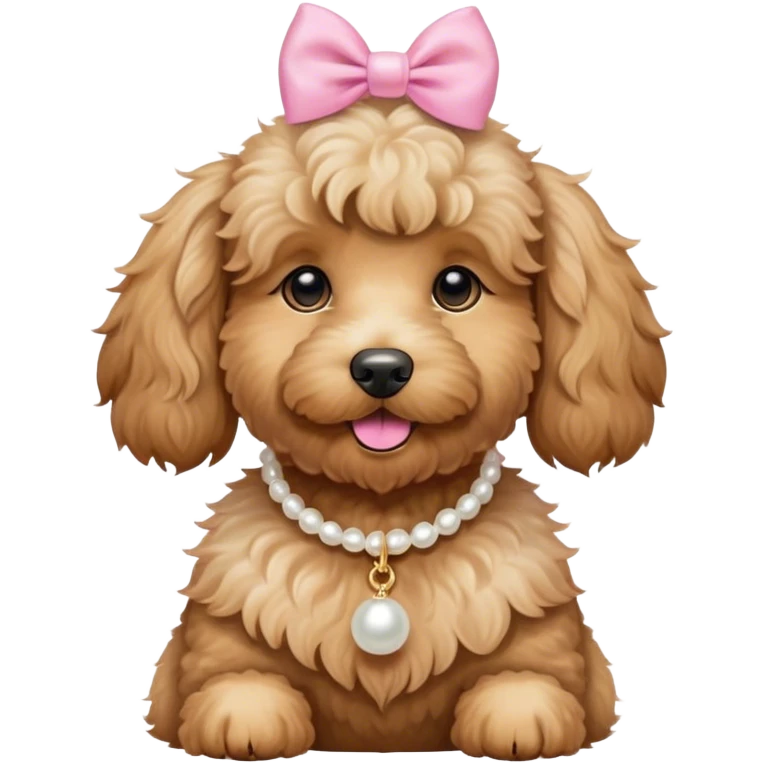 Golden doodle dog wearing layered pearl necklace with a small pink bow on each ear emoji