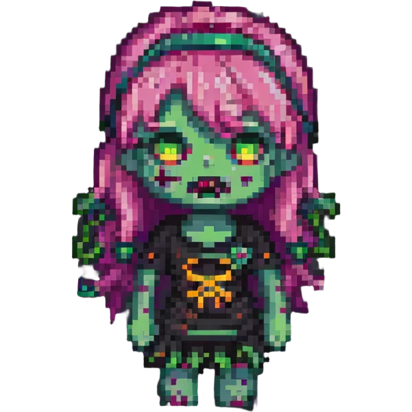 cute expression girl zombie with pink hair and bangs, pixel art style emoji