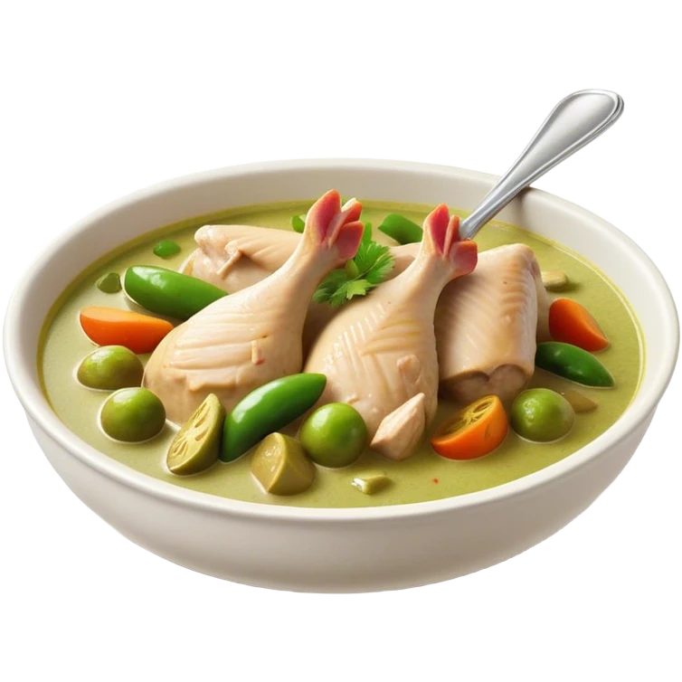 Cinematic Realistic Green Chicken Curry Dish Emoji, depicted with tender chicken simmered in a fragrant green curry sauce with vegetables rendered with rich textures and dynamic, vibrant lighting. emoji