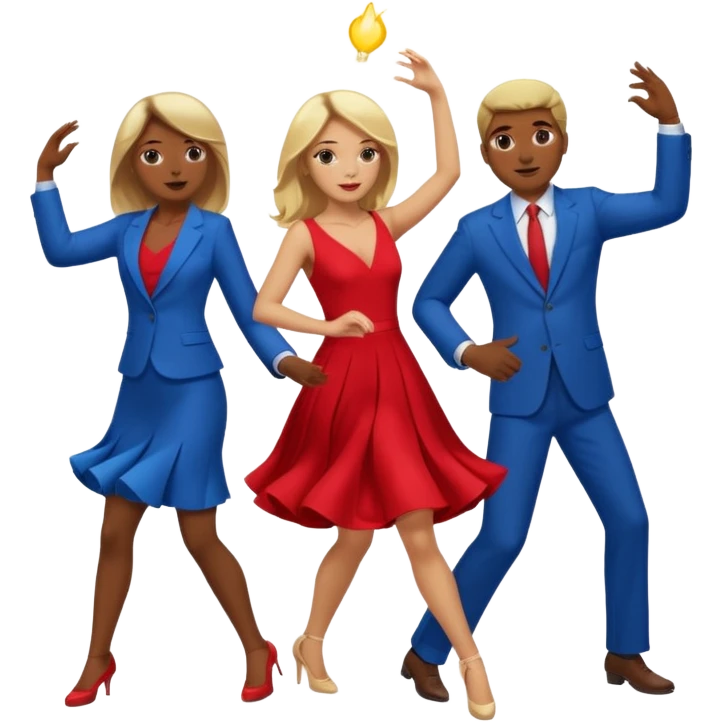 Two people dancing. One wearing red with light skin and blonde hair. One wearing bue with dark skin and brown hair. emoji
