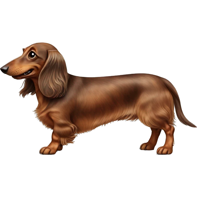 cheerful long-haired brown marble dachshund in full height on the side emoji