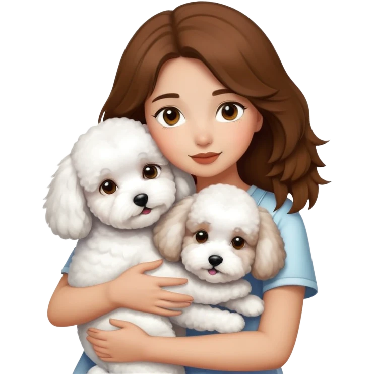A beautiful olive skinned girl with brown hair, hugging 3 white bichon frise's emoji