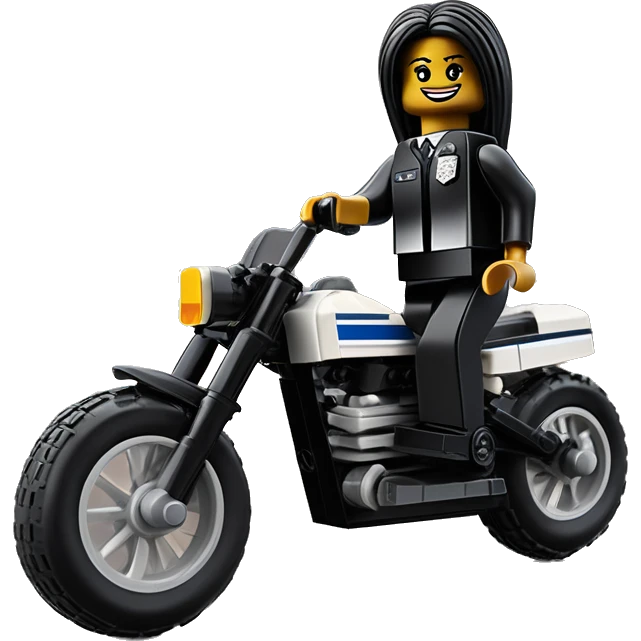 Lego, Jeffery New York Evening Gown Barbie, Wednesday Addams from academy, in vertically-striped dark-gray and black police officer’s uniform with small hat. Leaning back at the hips, riding a wheelie on a hot rod bike smiling  emoji