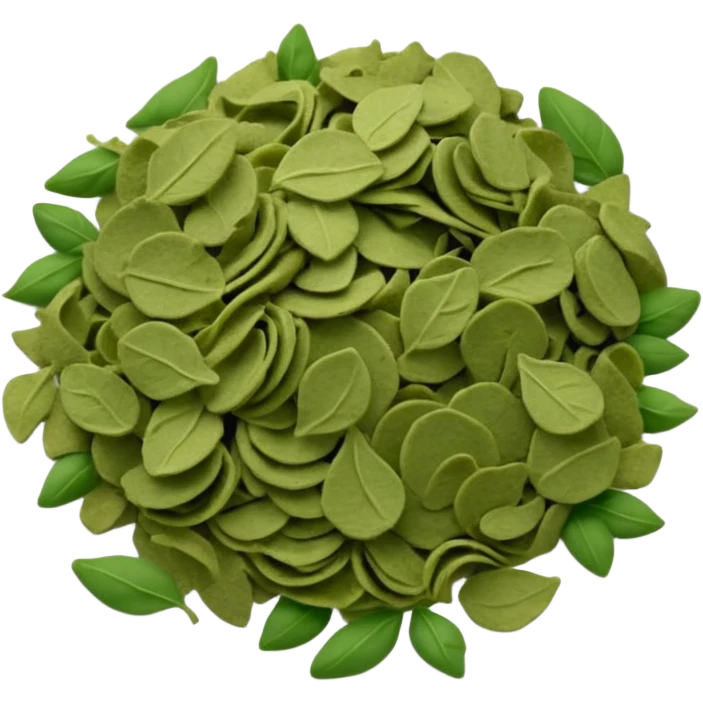 scatter of dry crumbled green flakes with curled uneven shapes and matte texture, color ranges from muted olive to dark sage, evoking sun-dried basil leaves, apple emoji style, soft lighting, subtle shadows, transparent background, emoji scale emoji
