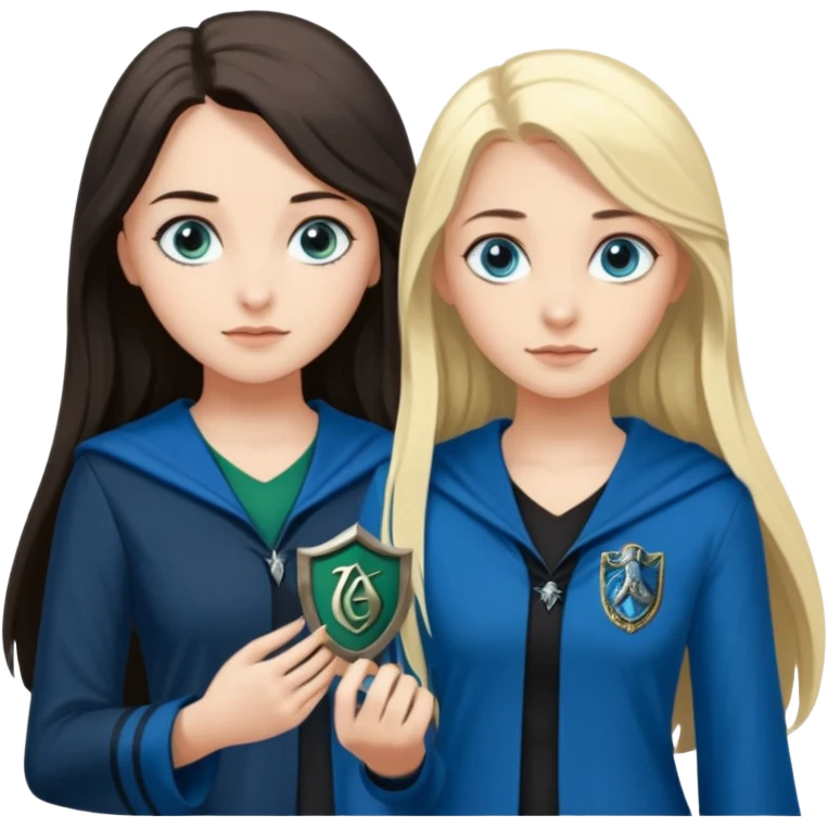 a pretty ravenclaw girl with long dark brown hair and blue eyes standing with a hot Slytherin girl with long blonde hair, blue eyes and big boobs  emoji